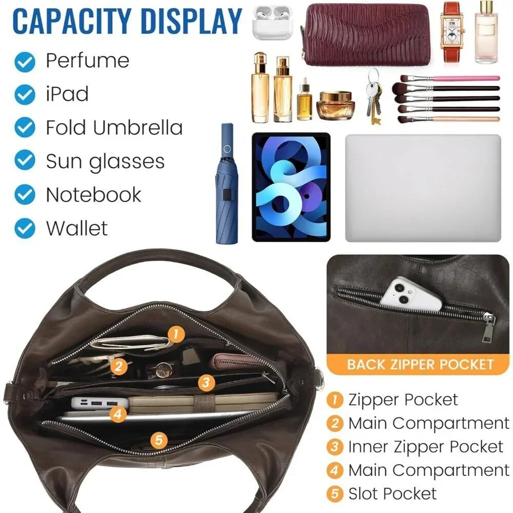 Women's Dark Coffee Vegan Leather Purse Detachable Satchel Strap Hobo Bags